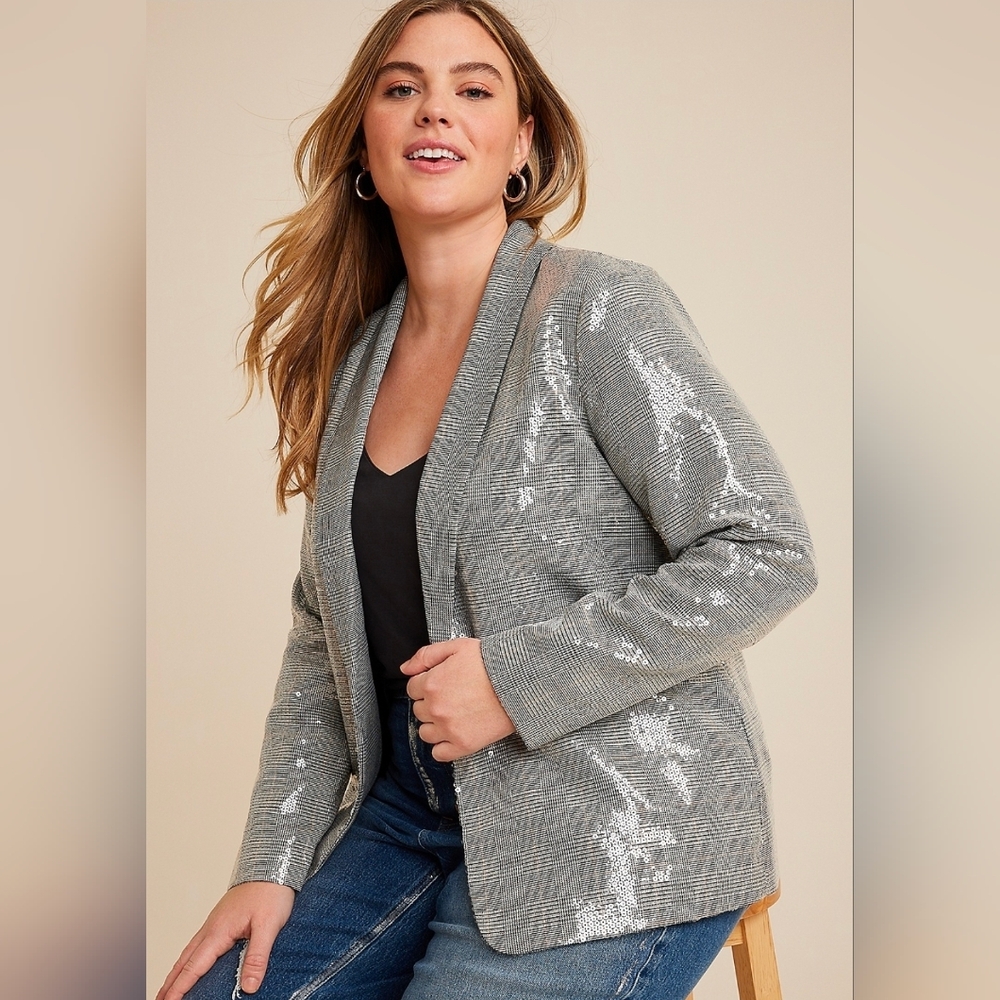 NEW - WOMEN'S GREY/BLACK PLAID SEQUIN BLAZER (SIZE XXL)